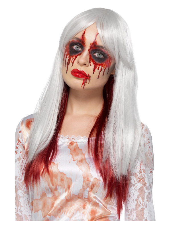 Deluxe Blood Drip Ombre Wig, White & Red, Heat Resistant/ Styleable