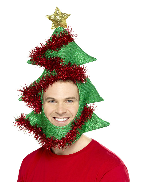 Novelty Christmas Tree Hat, Green, with Tinsel