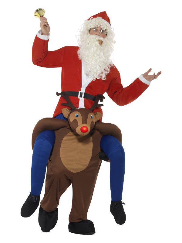Piggyback Reindeer Rudolf Costume, Brown, One Piece Suit with Mock Legs & LED Flashing Nose