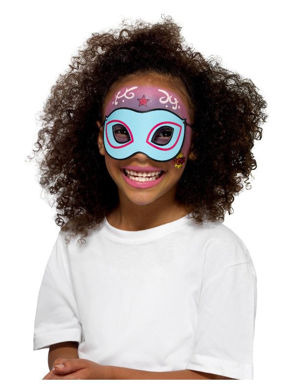 Smiffys Make-Up FX, Kids Superhero Kit, Aqua, Multi-Coloured, with 8 Colours, Sponges, Brush, Stickers & 4 Masks