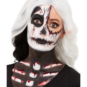 Smiffys Make-Up FX, Skeleton Kit, Aqua, Black & White, Facepaints, Crayon, Blood & Sponge