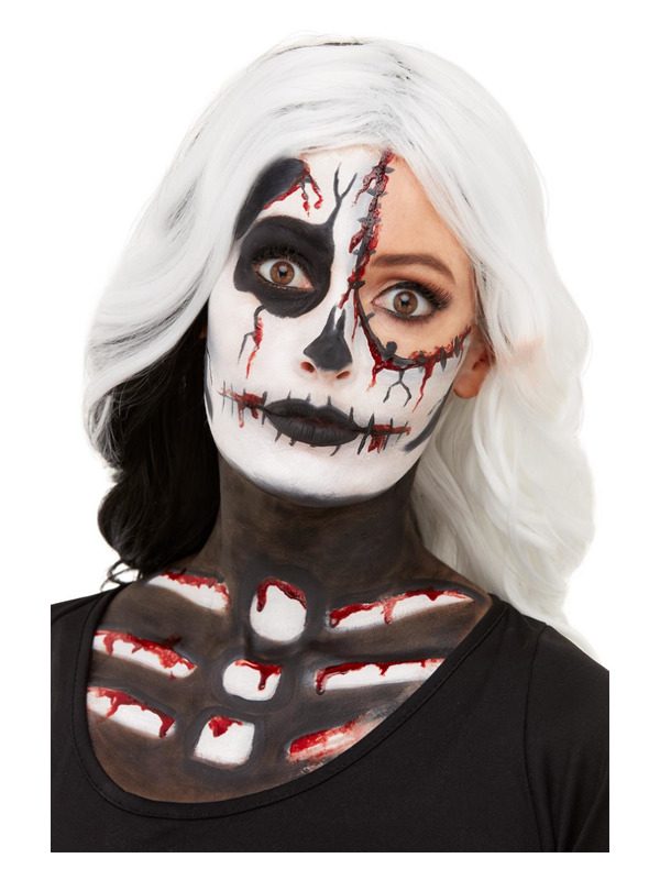 Smiffys Make-Up FX, Skeleton Kit, Aqua, Black & White, Facepaints, Crayon, Blood & Sponge