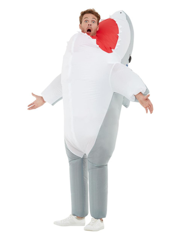 Inflatable Shark Attack Costume, Grey, with Oversized Bodysuit & Self Inflating Fan