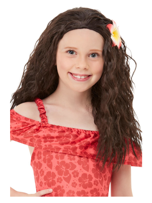 Girls Hawaiian Princess Wig, Brown, with Flower