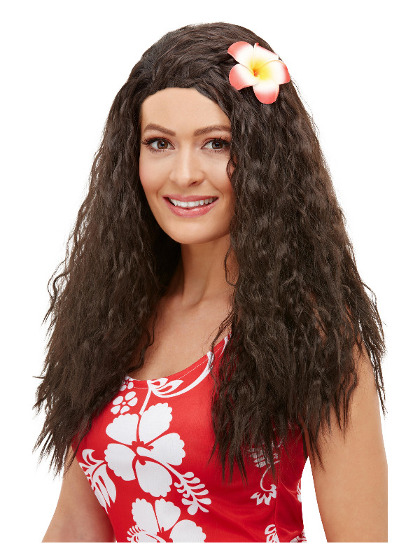 Hawaiian Wig, Brown, with Flower