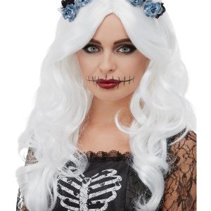 Day of the Dead Wig, White, with Flowers