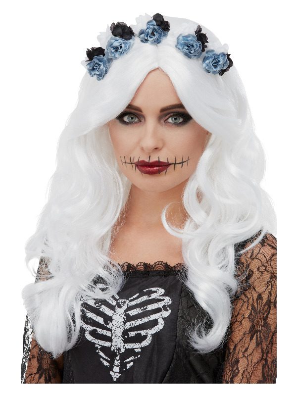 Day of the Dead Wig, White, with Flowers
