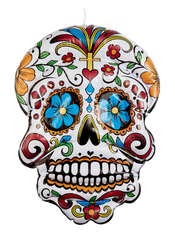 Inflatable Day of the Dead Hanging Skull, White, with Floral Print, 100cm/39in