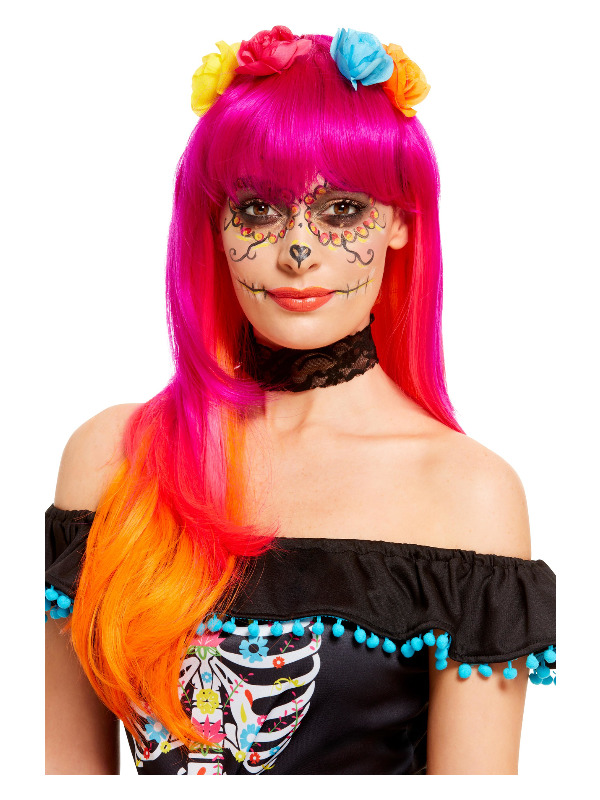 Day of the Dead Wig, Pink & Orange, with Flowers