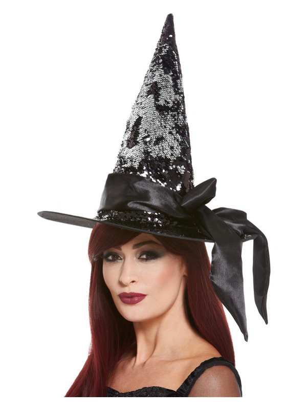 Deluxe Reversible Sequin Witch Hat, Black & Silver, with Satin Bow