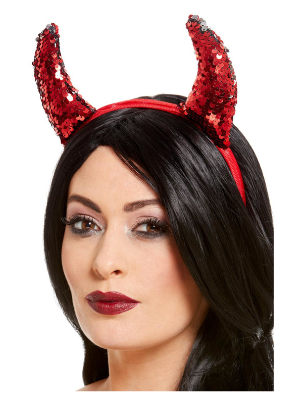 Reversible Sequin Devil Horns, Red, on Headband