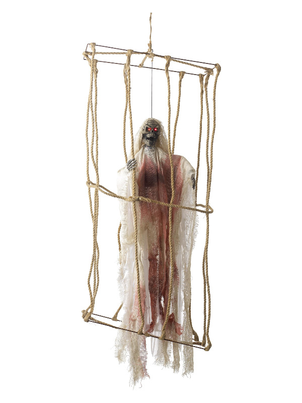 Animated Hanging Caged Skeleton Decoration, White, Light Up Eyes & Movement 40x25x85cm / 15x9x33in