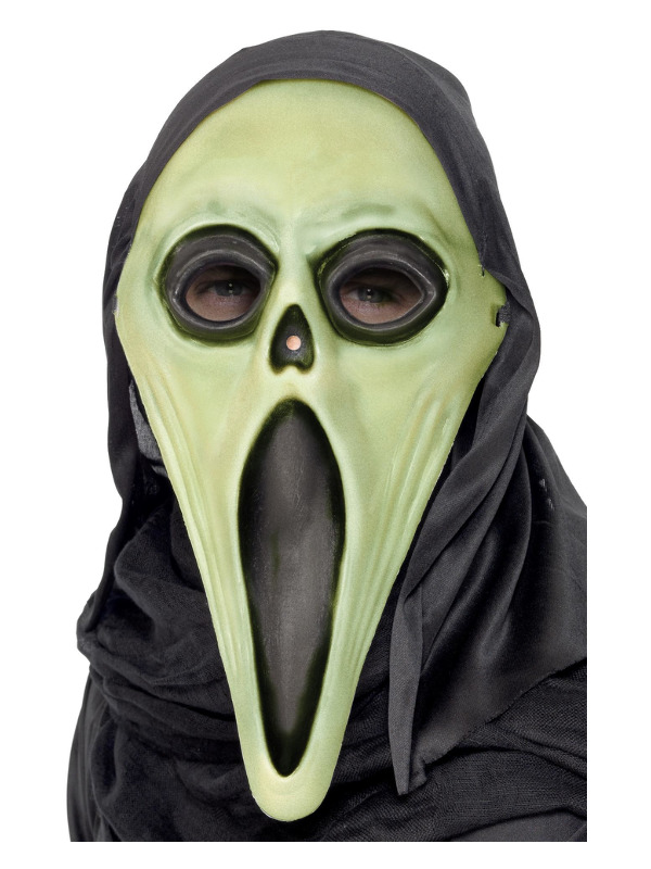 Glow in the Dark Screamer Mask, Black & White, with Hood