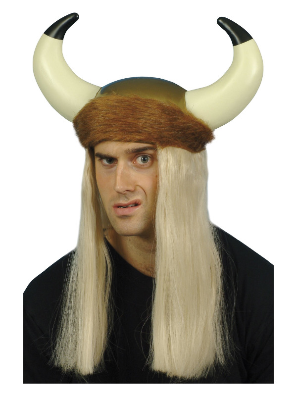 Viking Helmet, Brown, with Horns, Long Blonde Hair and Fur Trim