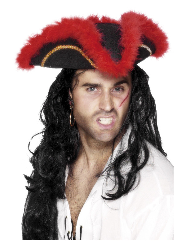 Pirate Tricorn Hat, Red Feather, Black, with Gold Braid and Marabou